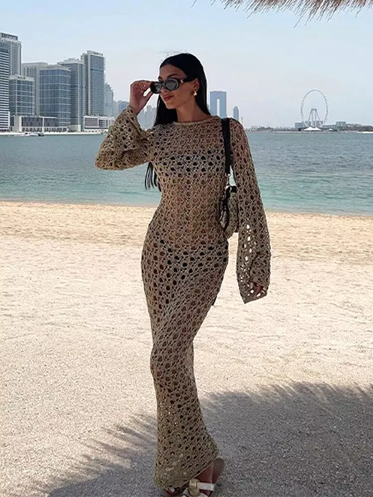 2023 New Women Sexy Hollow Out Backless Beach Dress Female Bodycon Cut Out Maxi Knitted Dresses Lady Holiday Wear Long Vestidos