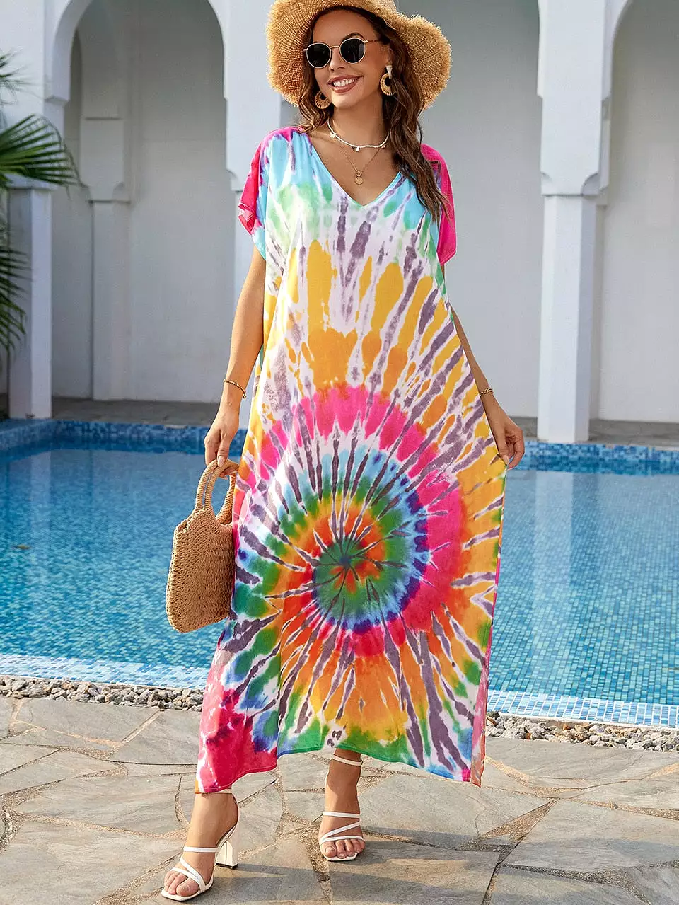 Ashore Shop 2023 Boho Tie Dye Oversize Kaftan Beach Cover Up for Women Holiday Casual Loose Long Dress Robe Beachwear Swim Suit 