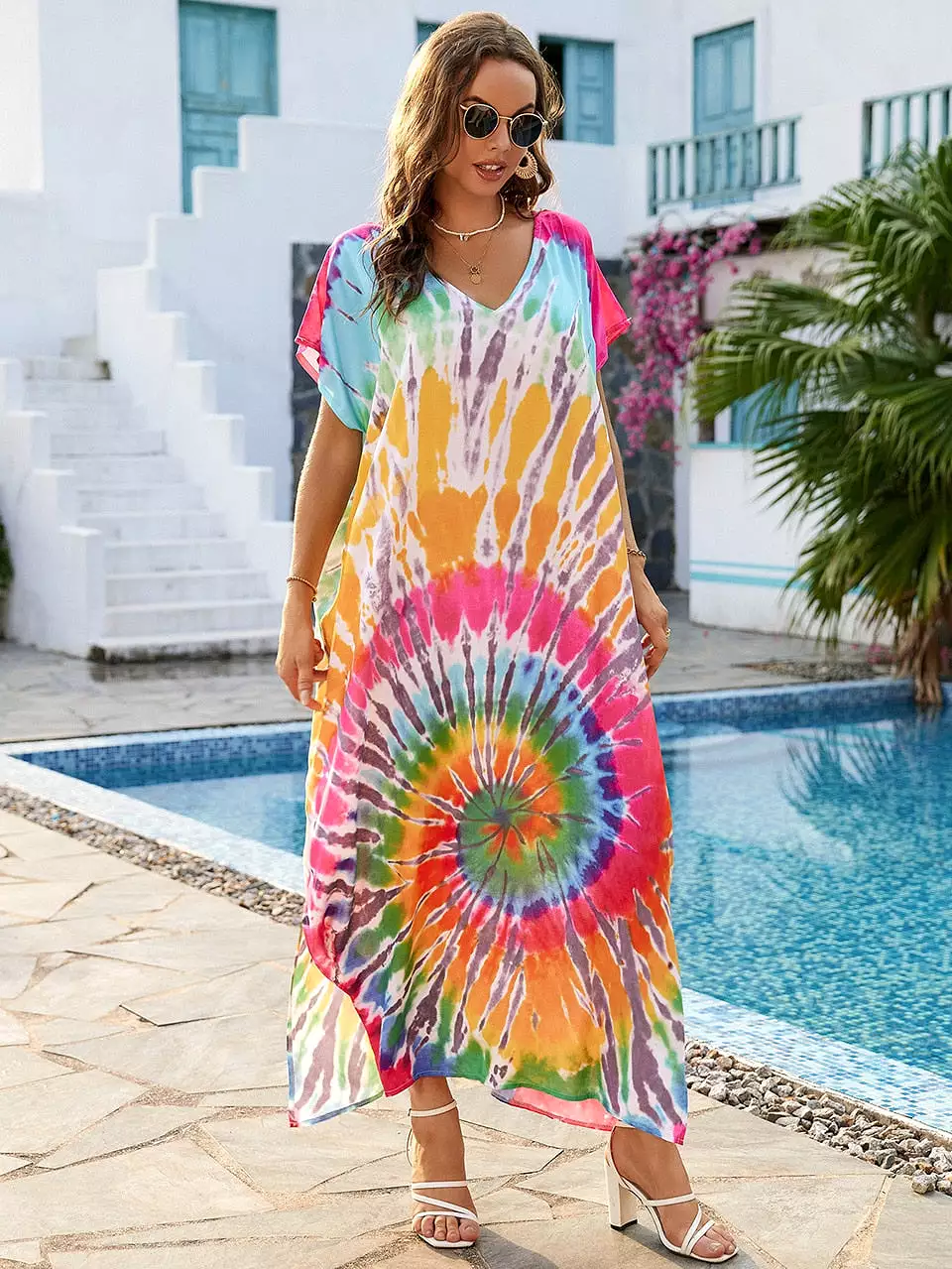 Ashore Shop 2023 Boho Tie Dye Oversize Kaftan Beach Cover Up for Women Holiday Casual Loose Long Dress Robe Beachwear Swim Suit 