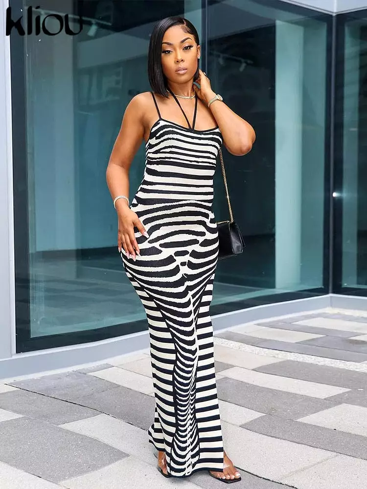 Ashore Shop Irregularly Striped Print Maxi Dress Women Spaghetti Strap Bandage Body-shaping Robe Female Hipster Elegant Street V