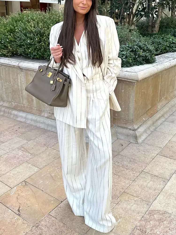 Ashore Shop Office Women Suit Stripe Loose Pant Suits