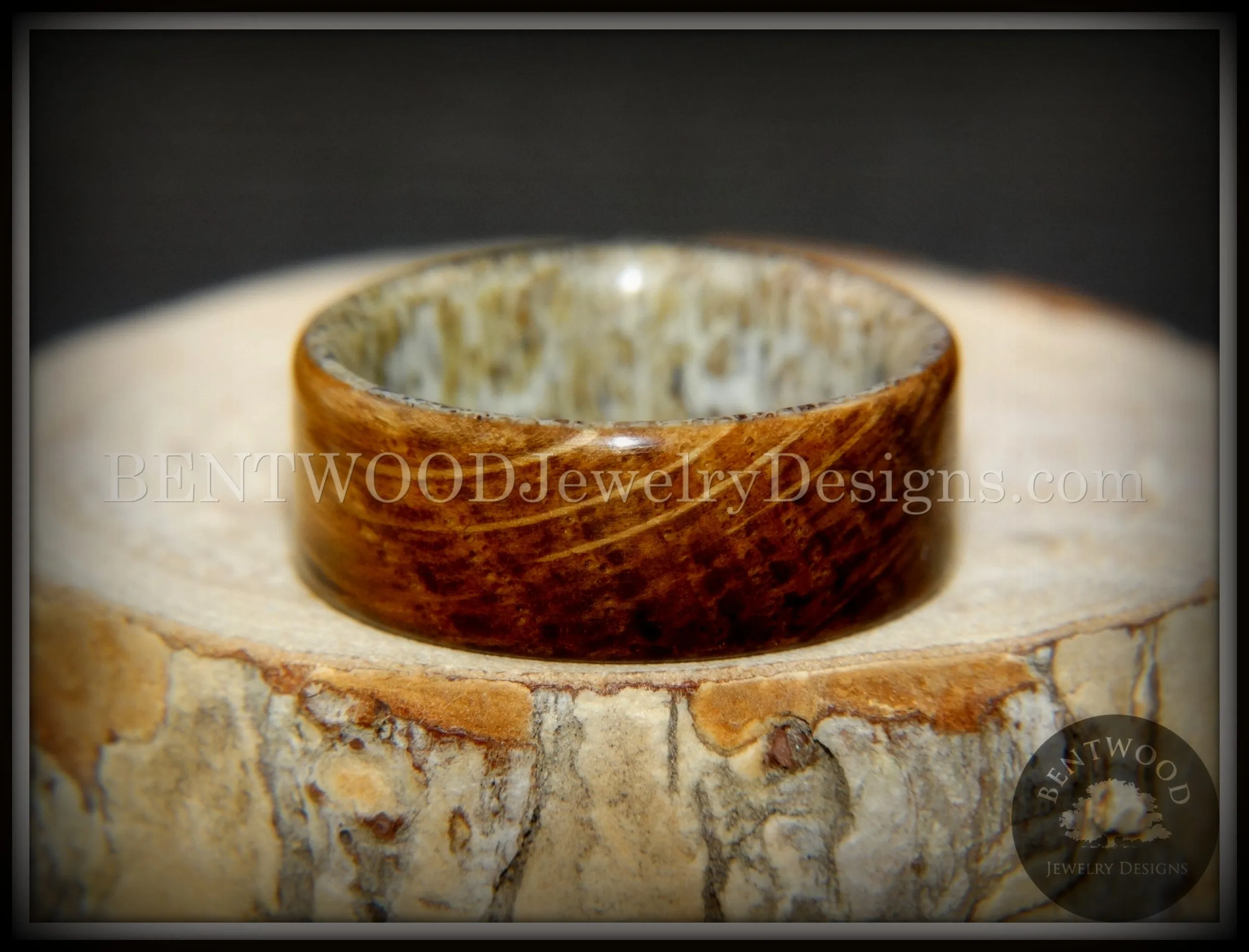 Bentwood Ring - The Whiskey Hunter Whiskey Oak Barrel on Deer Antler