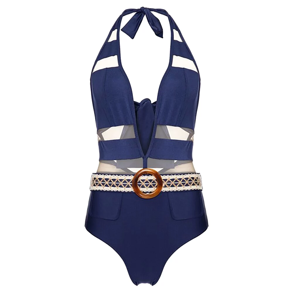 Blue Cutout Triangle Swimsuit Tight Metal Ring Tie Lace Backless Swimwear Tankini Women Swimming Suits Swimwear Patchwork