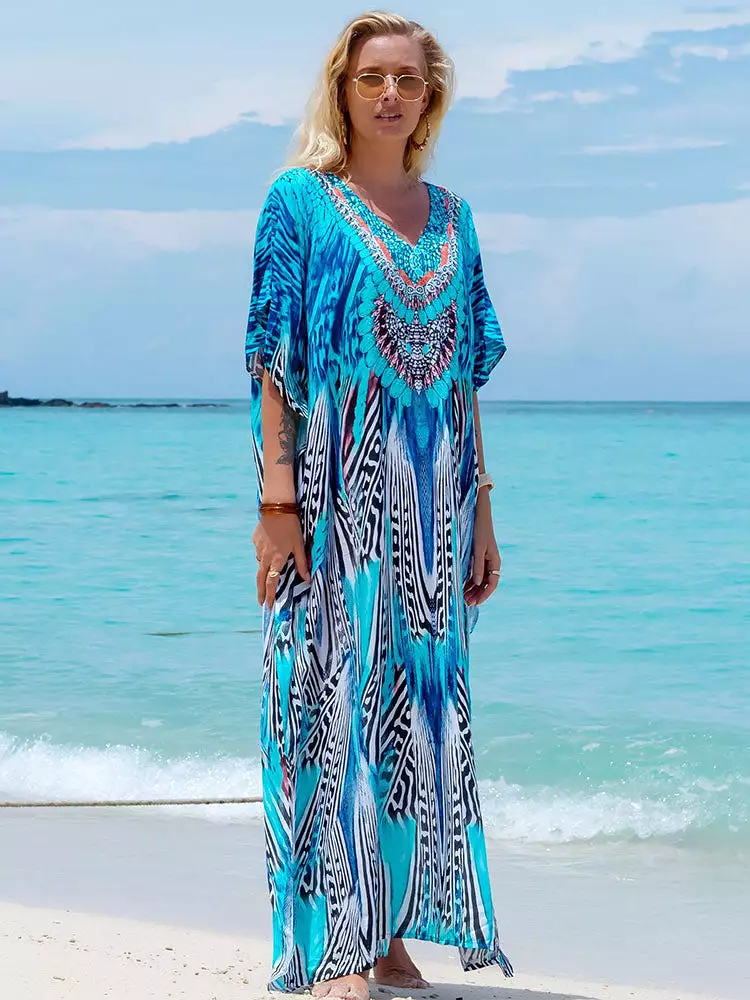 Bohemian Seaside Plus Size Print Kaftan Maxi Dress V Neck Slit Loose Robe Women 2023