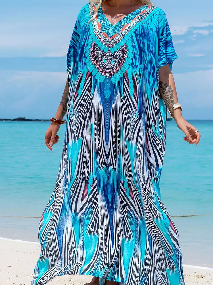 Bohemian Seaside Plus Size Print Kaftan Maxi Dress V Neck Slit Loose Robe Women 2023