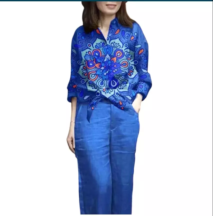 Casual Tracksuit women Summer Outfits Printing Regular Sleeve Top Wide Leg Pant Sets Female Clothes 4XL B-56112