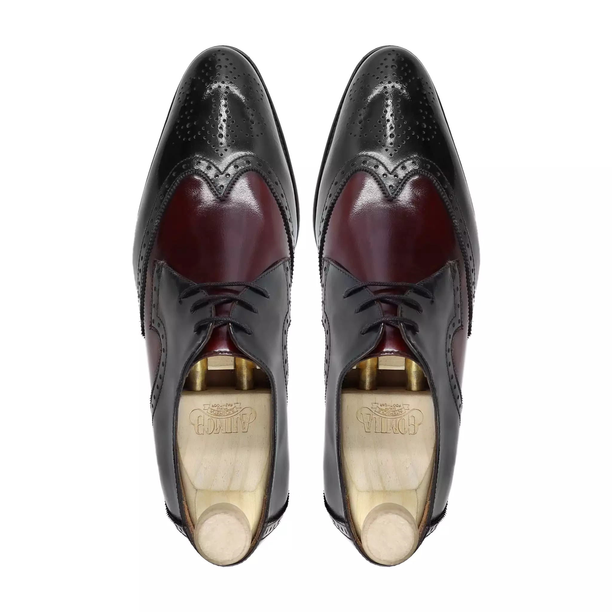 COZMEL - FUSION OF BLACK AND OXBLOOD BOX LEATHER HIGH SHINE DERBY