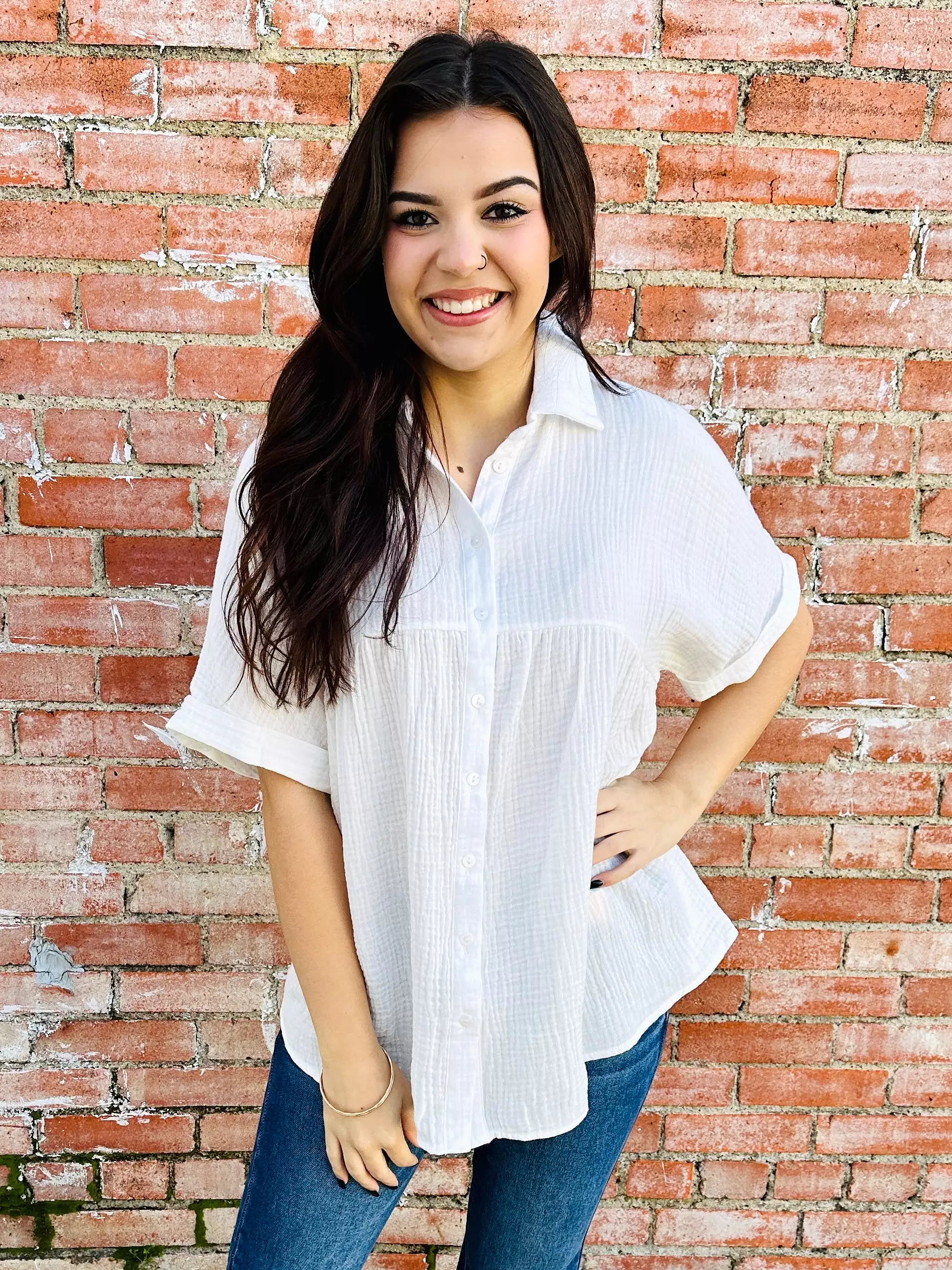 Distracted By You Button Down Babydoll Top  Ivory