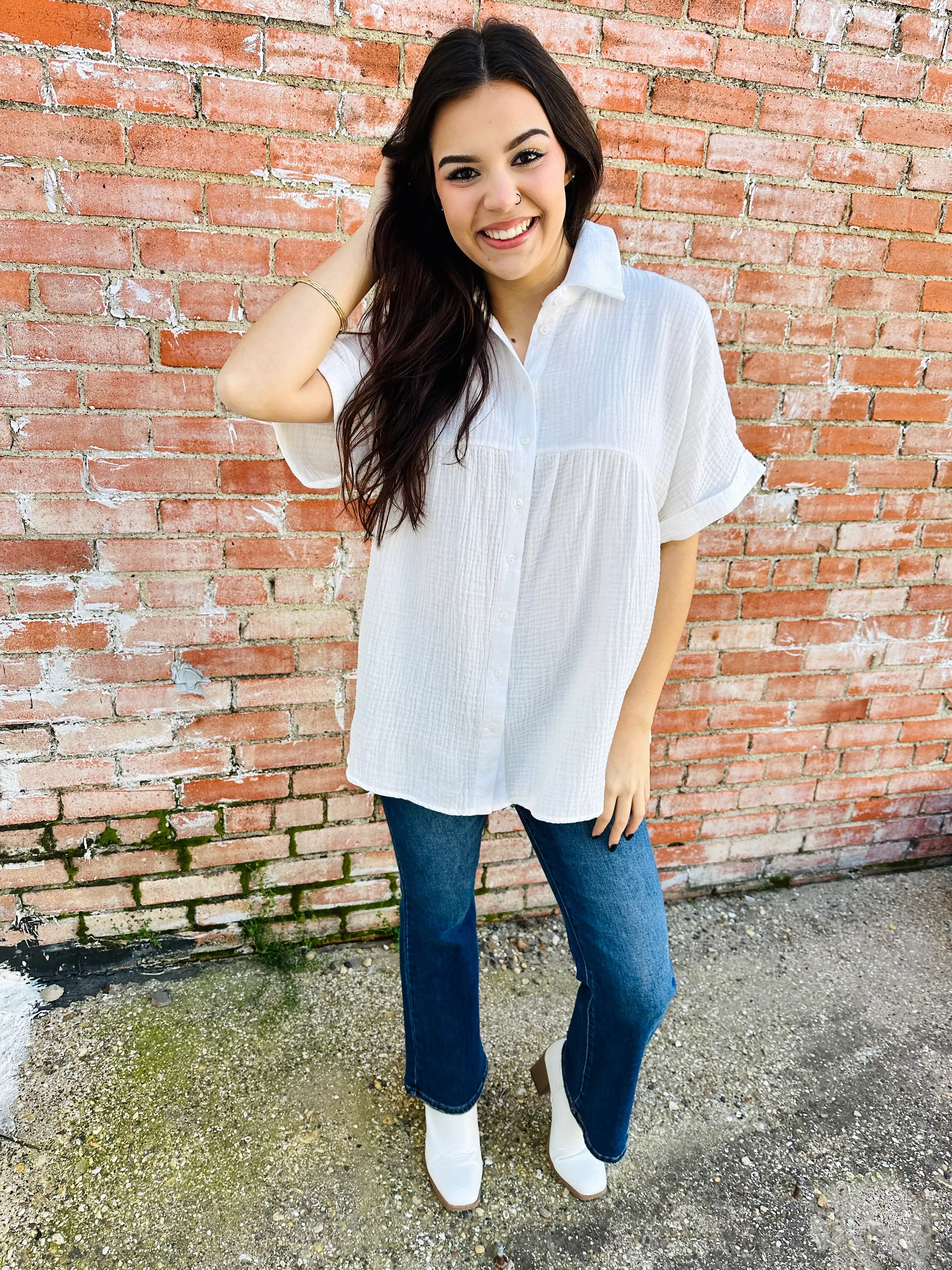 Distracted By You Button Down Babydoll Top  Ivory