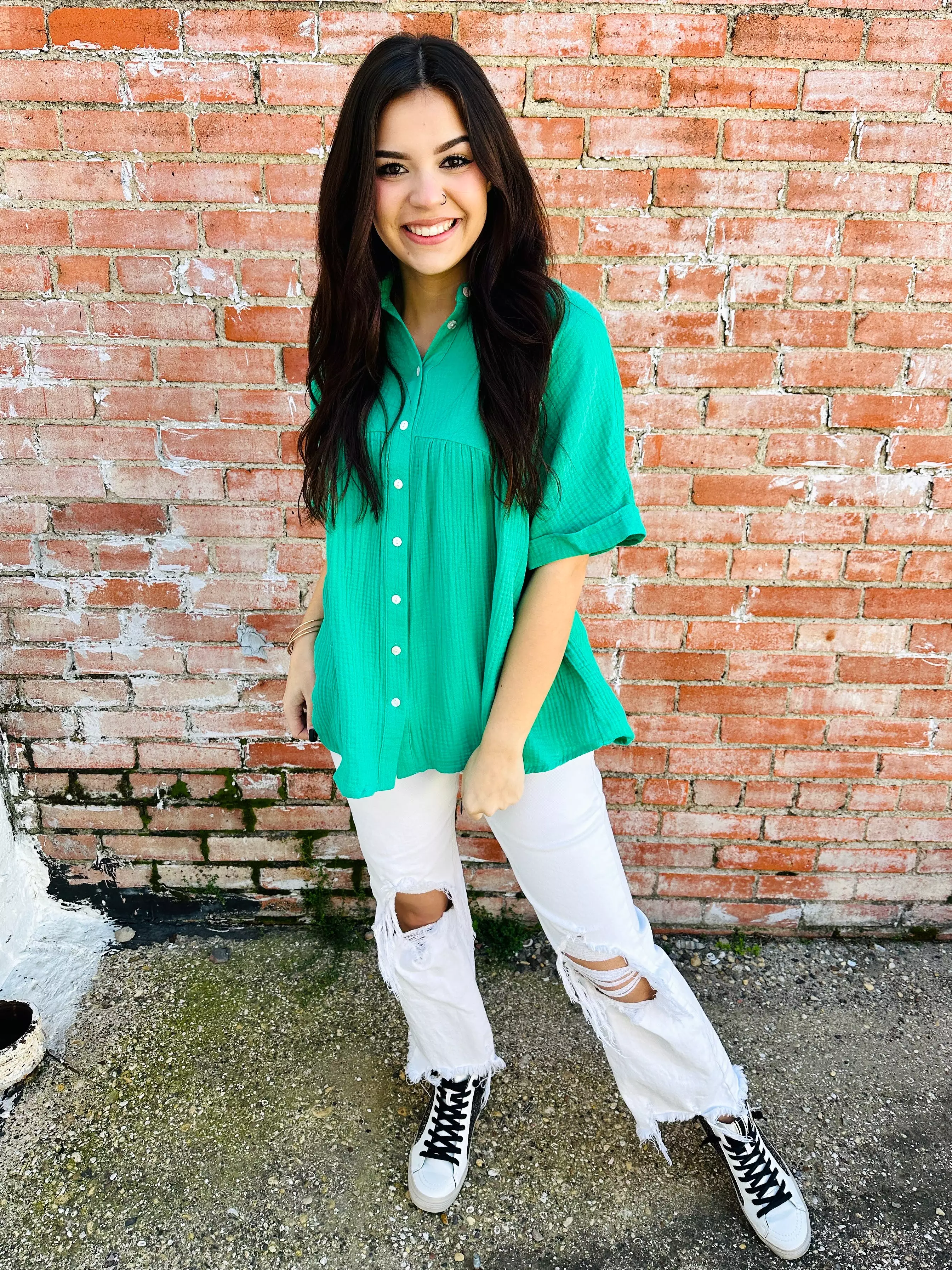 Distracted By You Button Down Babydoll Top  Kelly Green