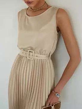 Elegant khaki sleeveless A-line pleated maxi dress women Fashion O-neck high waist work dress Solid 2022 summer vestidos