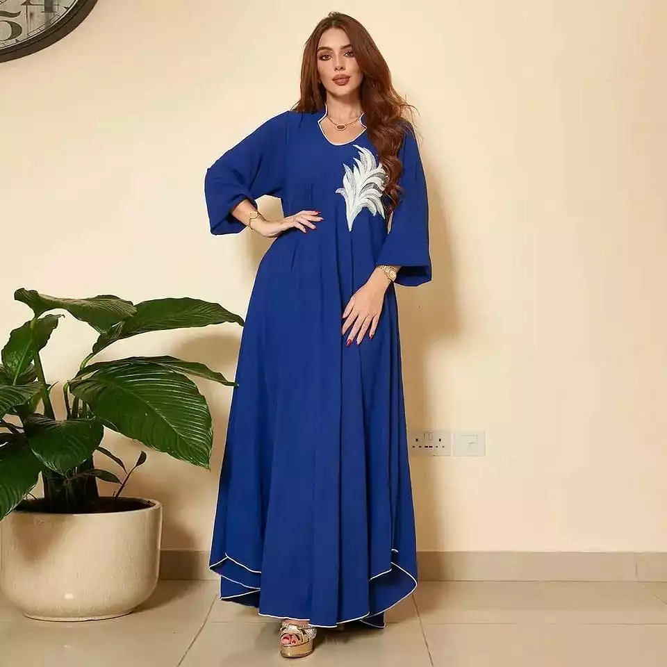 Elegant Long Maxi Dress Women Fashion Crew Neck Pleated Robe Appliques Asymmetric Hem Casual Loose Ladies Dresses Ramadan S44580