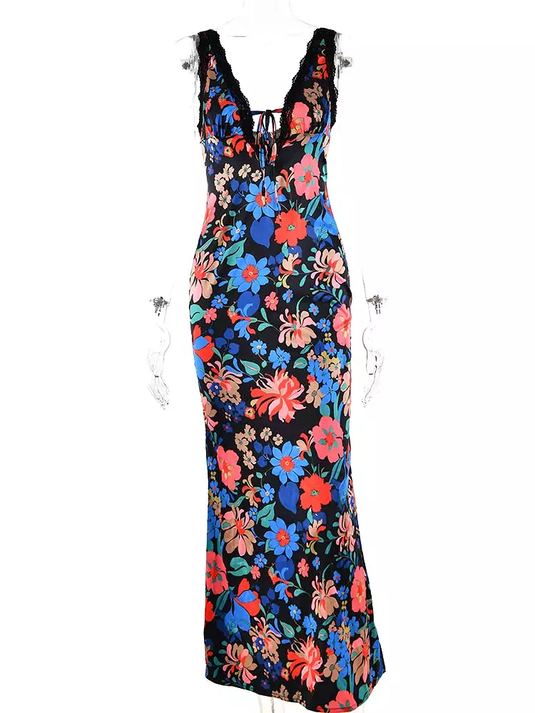 Elegant V-neck Slip Floral Print Satin Maxi Dress For Women Summer