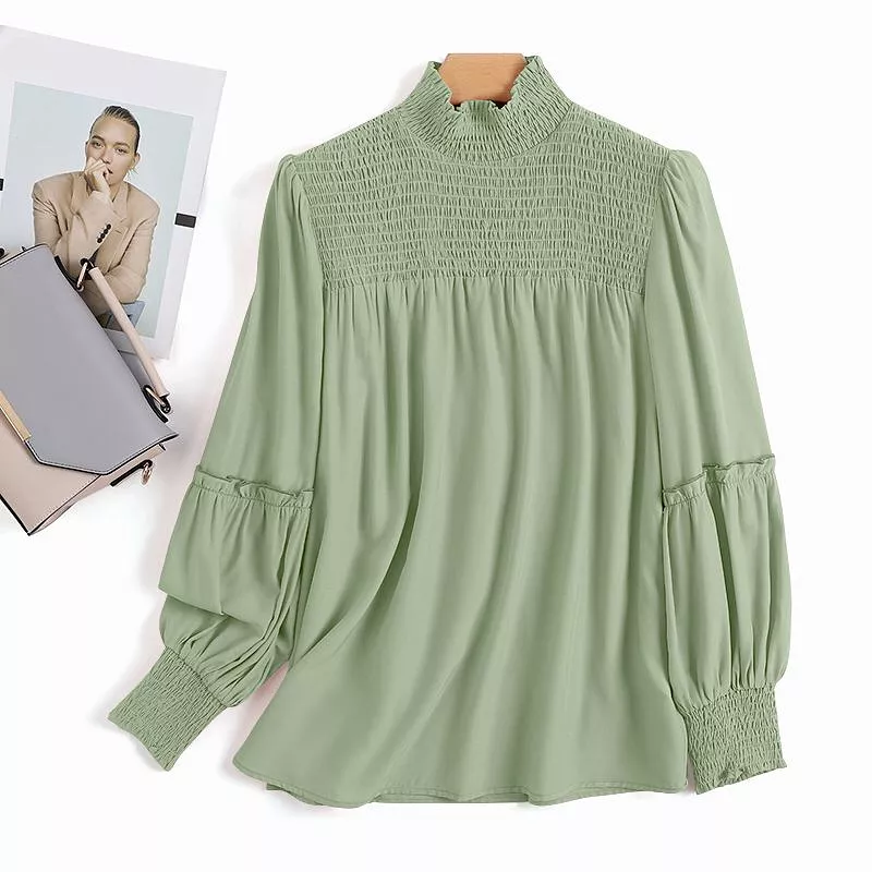 Fashion OL Pleated Tops Tunic Casual Solid Turtleneck Blusas Femininas ZANZEA Puff Sleeve Pleated Blouse Women Oversized Mujer S