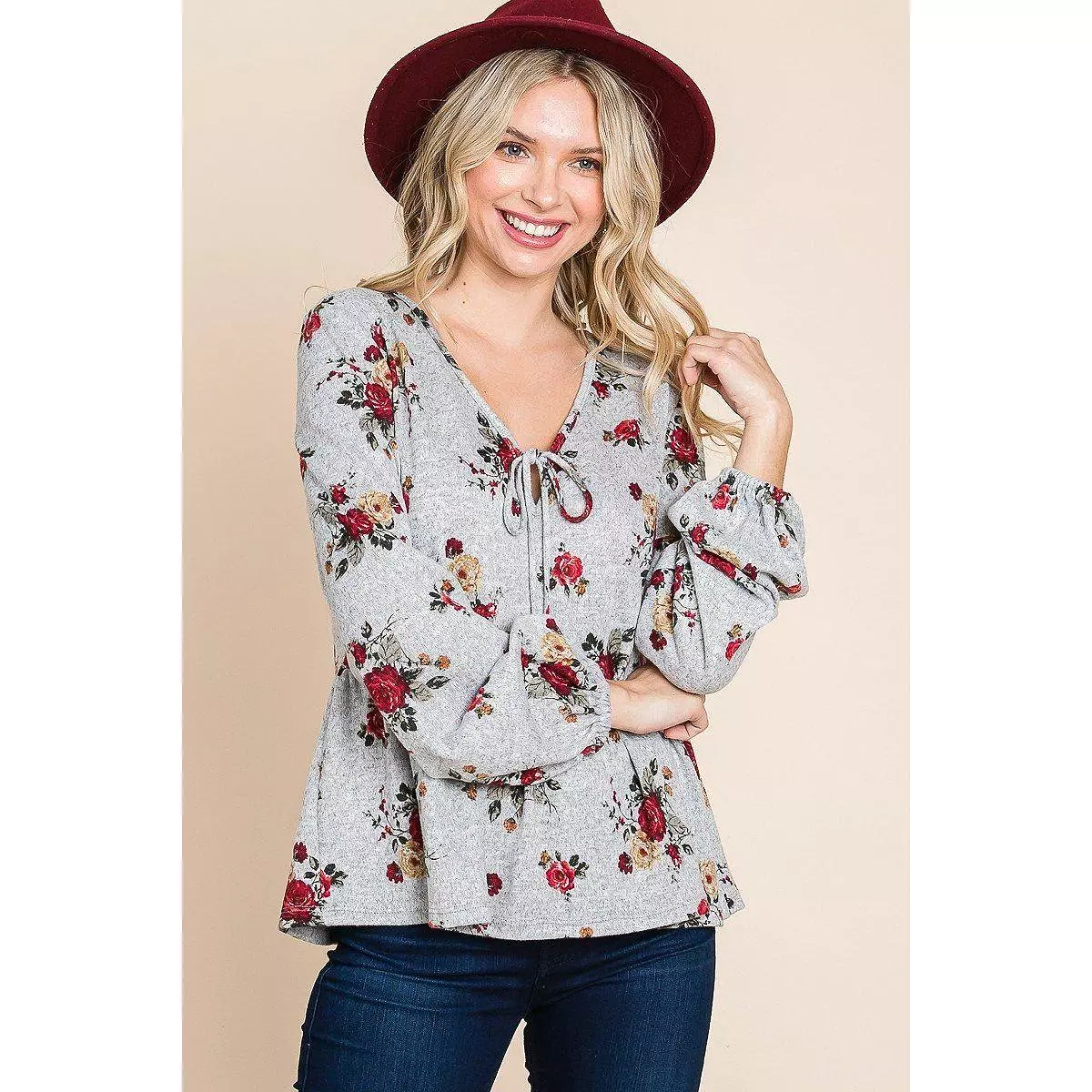 Floral Hacci Printed Babydoll Top With Elastic Cuff Sleeves