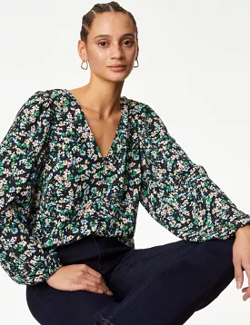 Floral V-Neck Button Detail Blouse