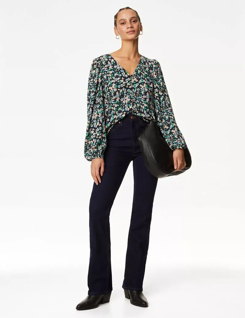 Floral V-Neck Button Detail Blouse