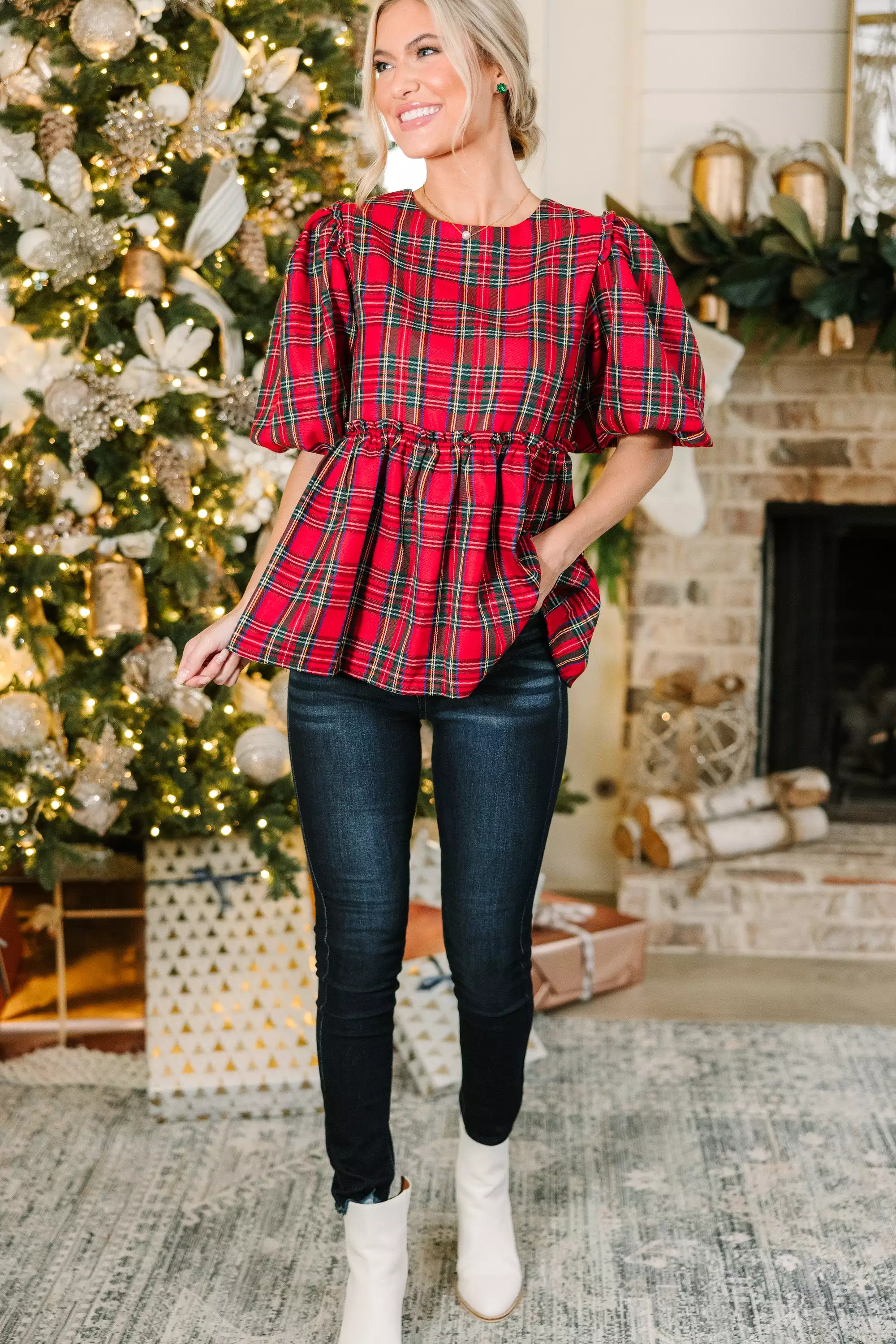 It's All Possible Red Tartan Plaid Babydoll Top