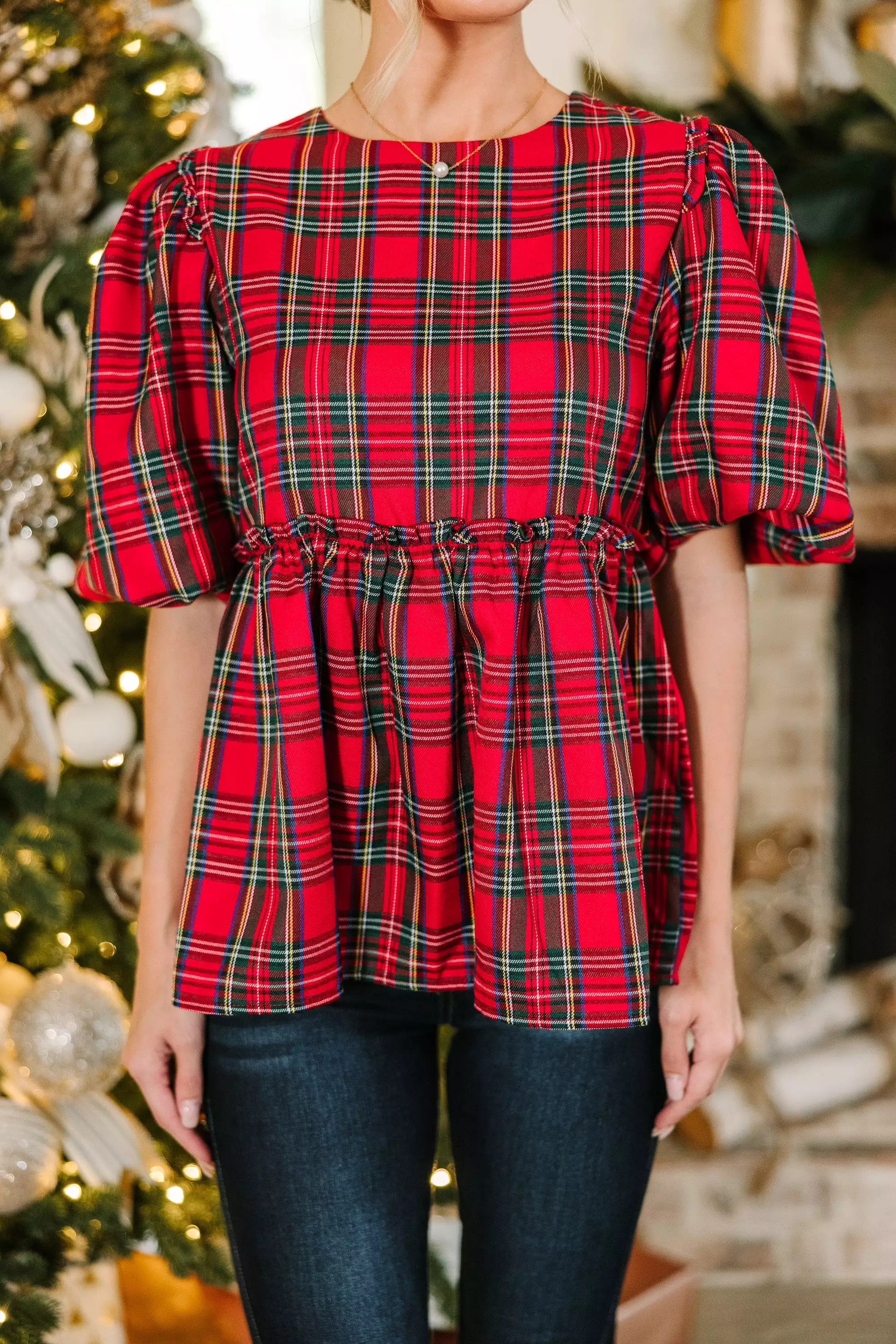 It's All Possible Red Tartan Plaid Babydoll Top