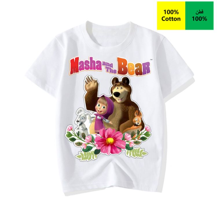 Masha and the Bear boys and girls summer round T- shirt summer clothes new cartoon printing children's clothes baby cotton casua