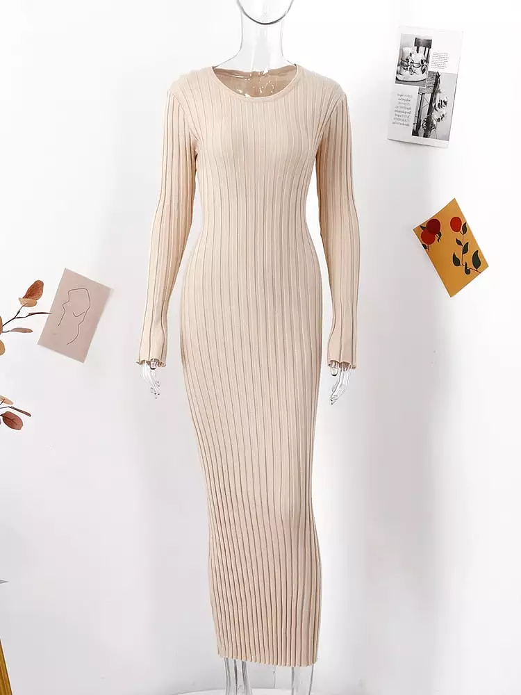 Maxi Dress Elegant Simple Knitted Pleated Women 2023 Spring Ribbed O-neck A-line Dresses