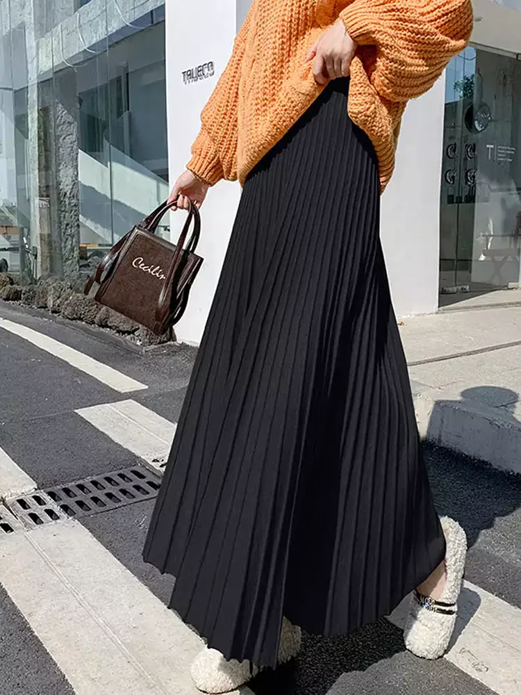 Maxi Knitted Skirt Women 2023 Autumn Winter Casual Solid All-match Thick Warm A Line High Waist Long Skirt Female Ladies