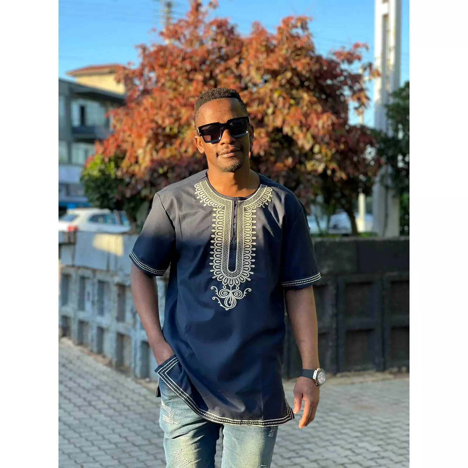 Mens African Vintage Embroidered T-Shirt