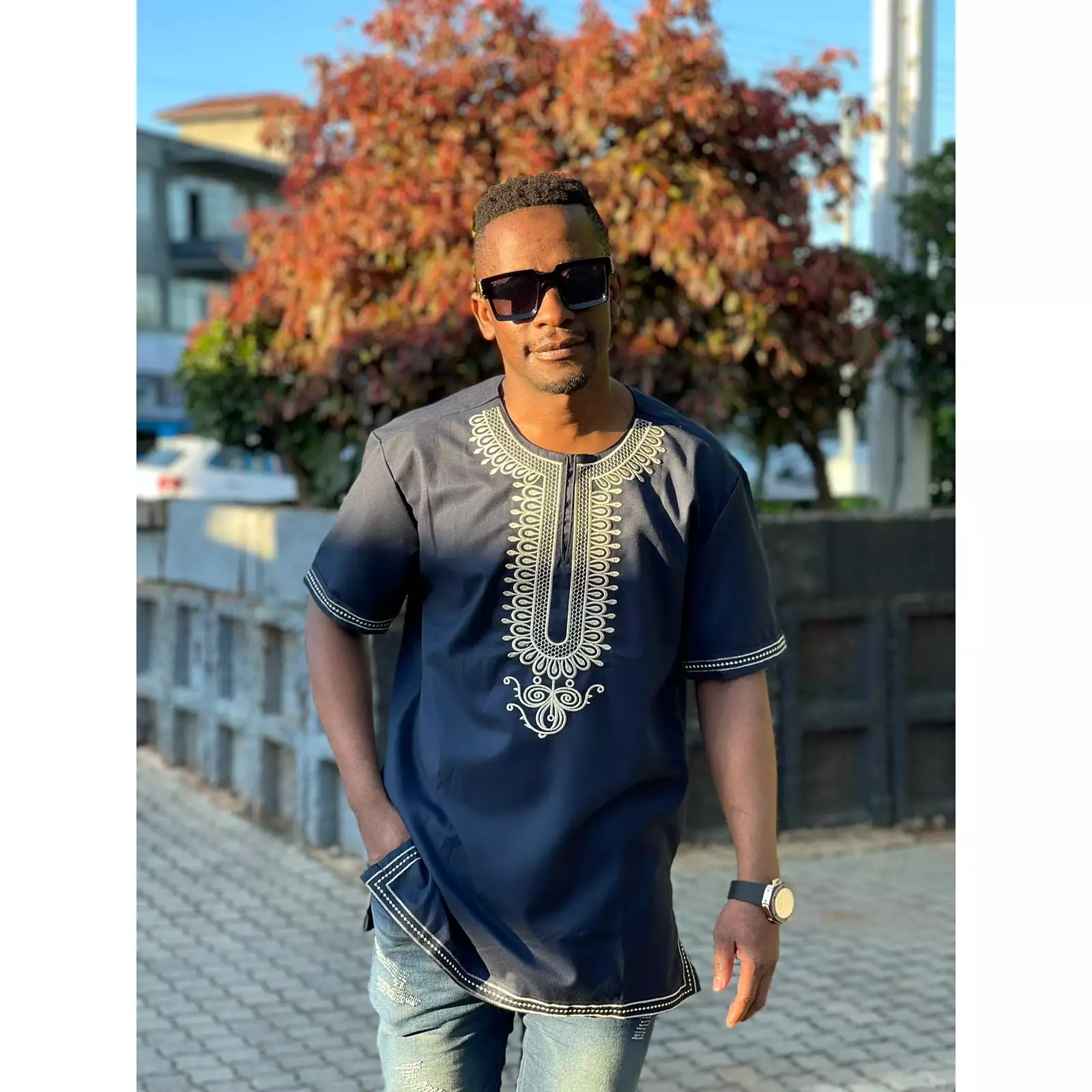 Mens African Vintage Embroidered T-Shirt