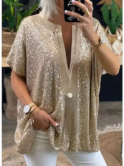 Shimmering Silver and Gold Sequin V-Neck Women's Blouse for Casual and Elegant Wear