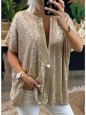 Shimmering Silver and Gold Sequin V-Neck Women's Blouse for Casual and Elegant Wear