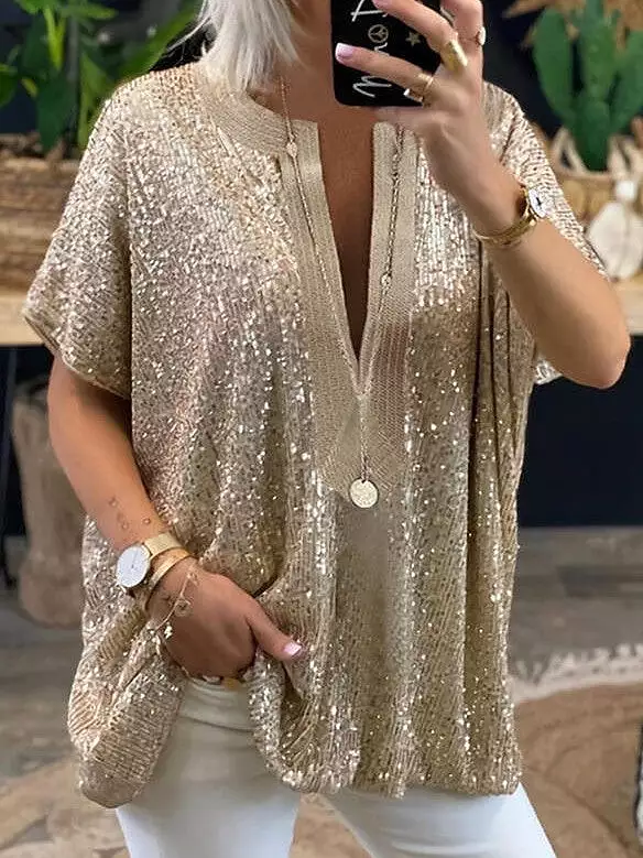 Shimmering Silver and Gold Sequin V-Neck Women's Blouse for Casual and Elegant Wear