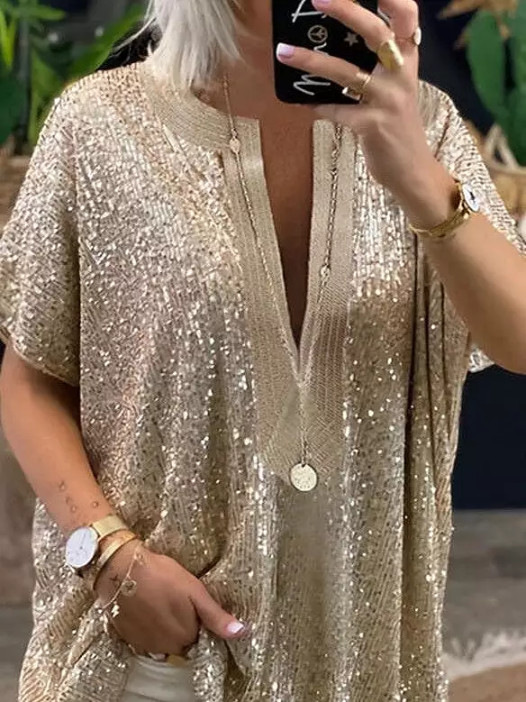 Shimmering Silver and Gold Sequin V-Neck Women's Blouse for Casual and Elegant Wear