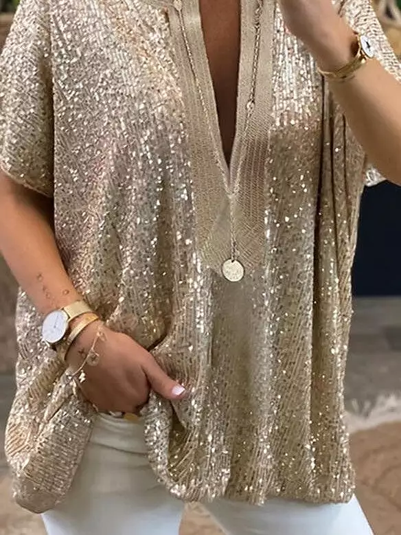 Shimmering Silver and Gold Sequin V-Neck Women's Blouse for Casual and Elegant Wear