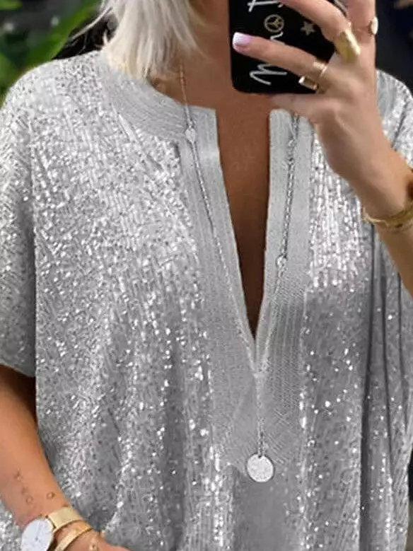 Shimmering Silver and Gold Sequin V-Neck Women's Blouse for Casual and Elegant Wear