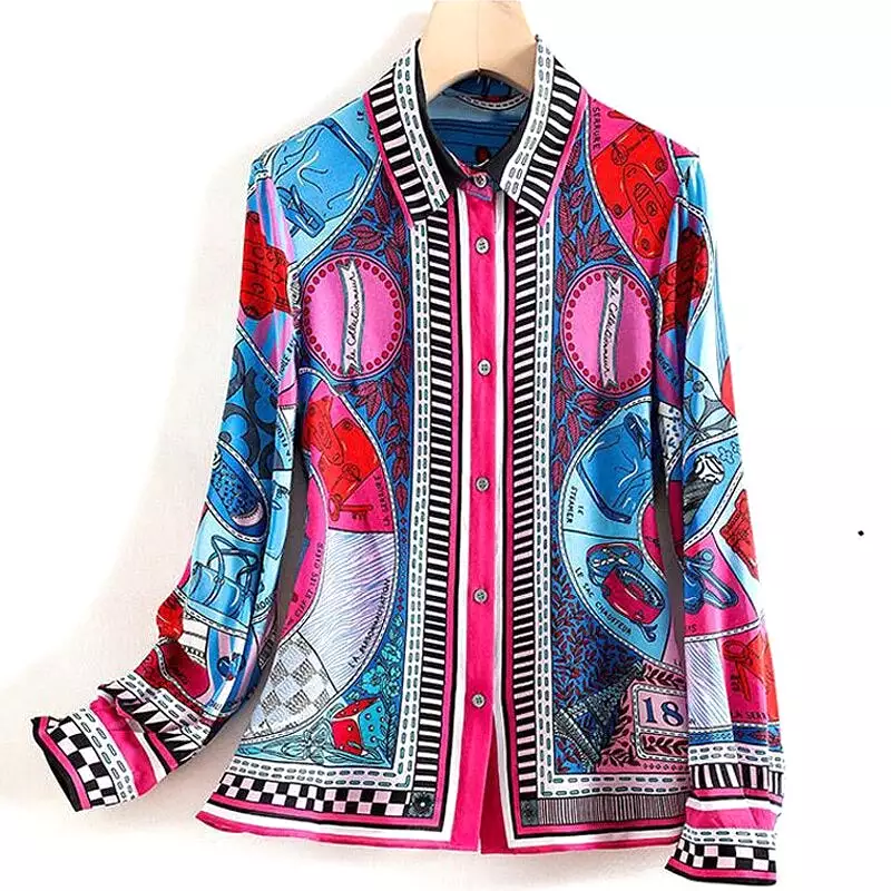 Shirts and Blouses Vintage Print Long Sleeve Turn-down Collar Women Blouse Top Lapel blusas mujer elegantes y juveniles