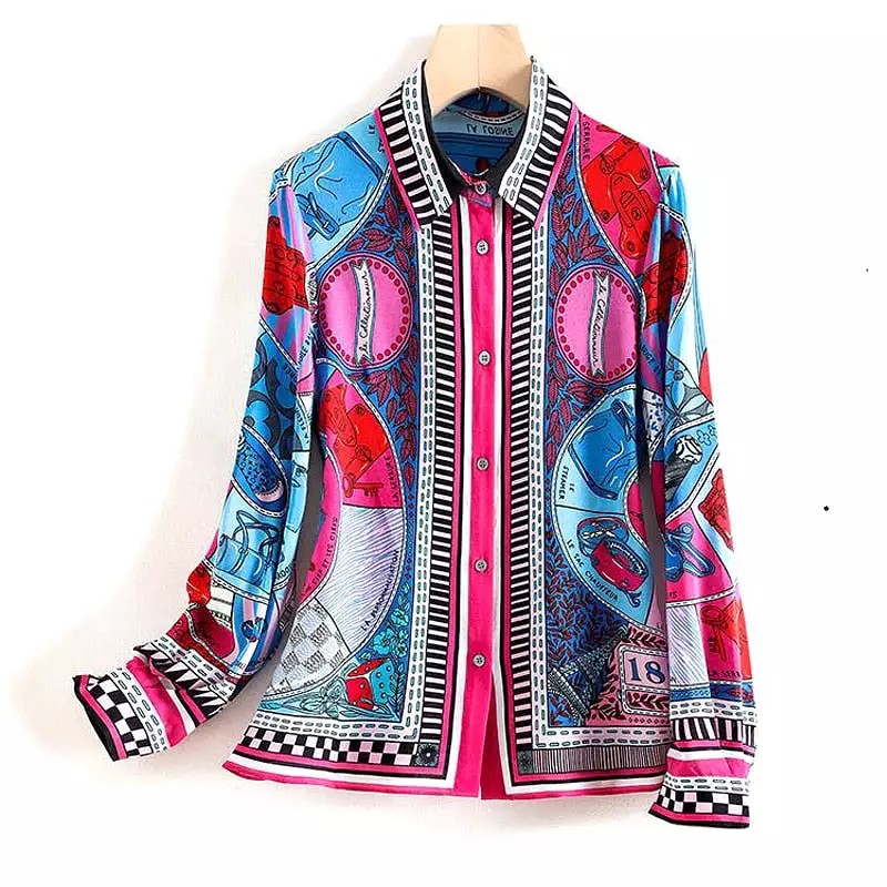 Shirts and Blouses Vintage Print Long Sleeve Turn-down Collar Women Blouse Top Lapel blusas mujer elegantes y juveniles