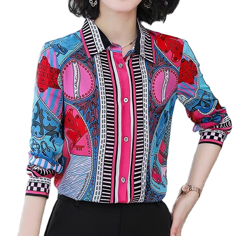 Shirts and Blouses Vintage Print Long Sleeve Turn-down Collar Women Blouse Top Lapel blusas mujer elegantes y juveniles