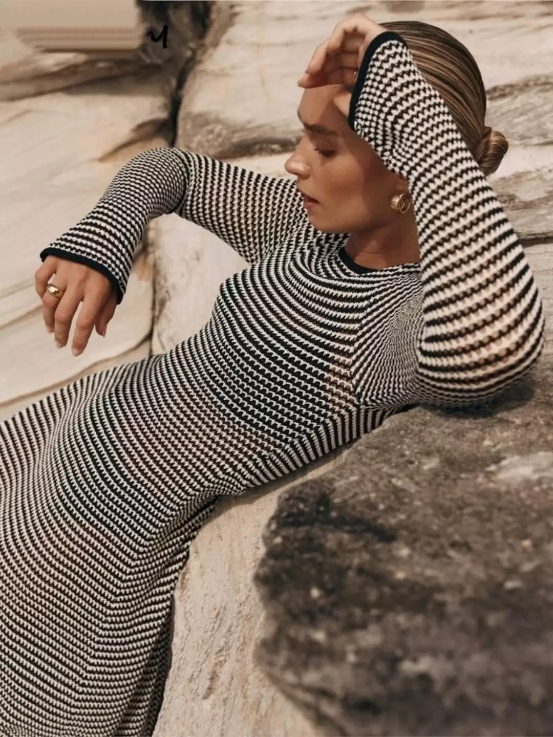 Striped Knitted Hollow Out Long-sleeved Dresses Women's See Through Cover-ups 2023 Beach Vacation