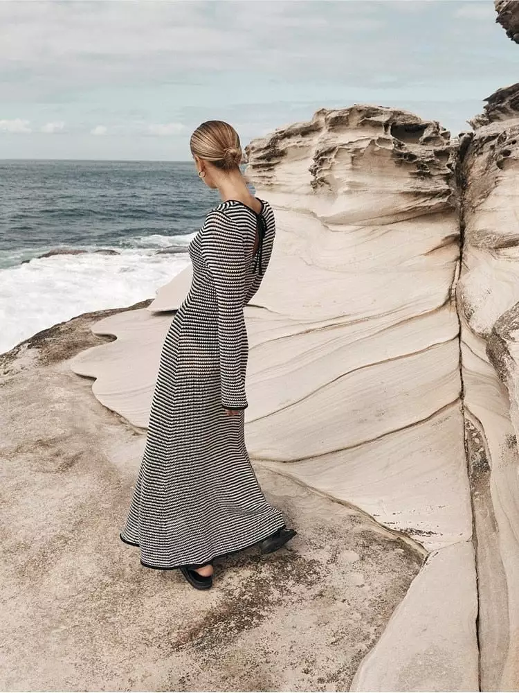 Striped Knitted Hollow Out Long-sleeved Dresses Women's See Through Cover-ups 2023 Beach Vacation