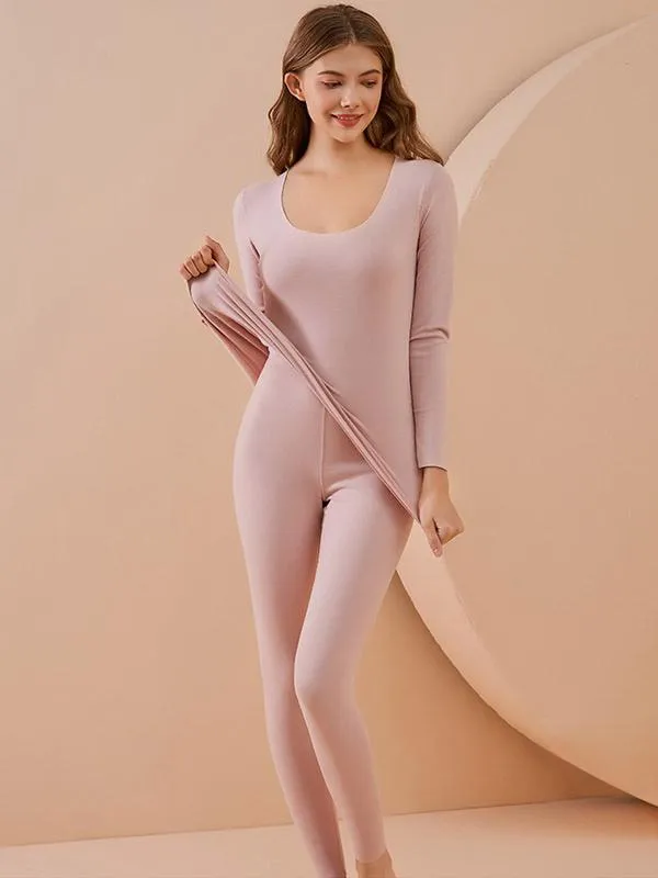 Thermal Underwear Scoop Neck Long Sleeves Women's Base Layer Two Pieces Set