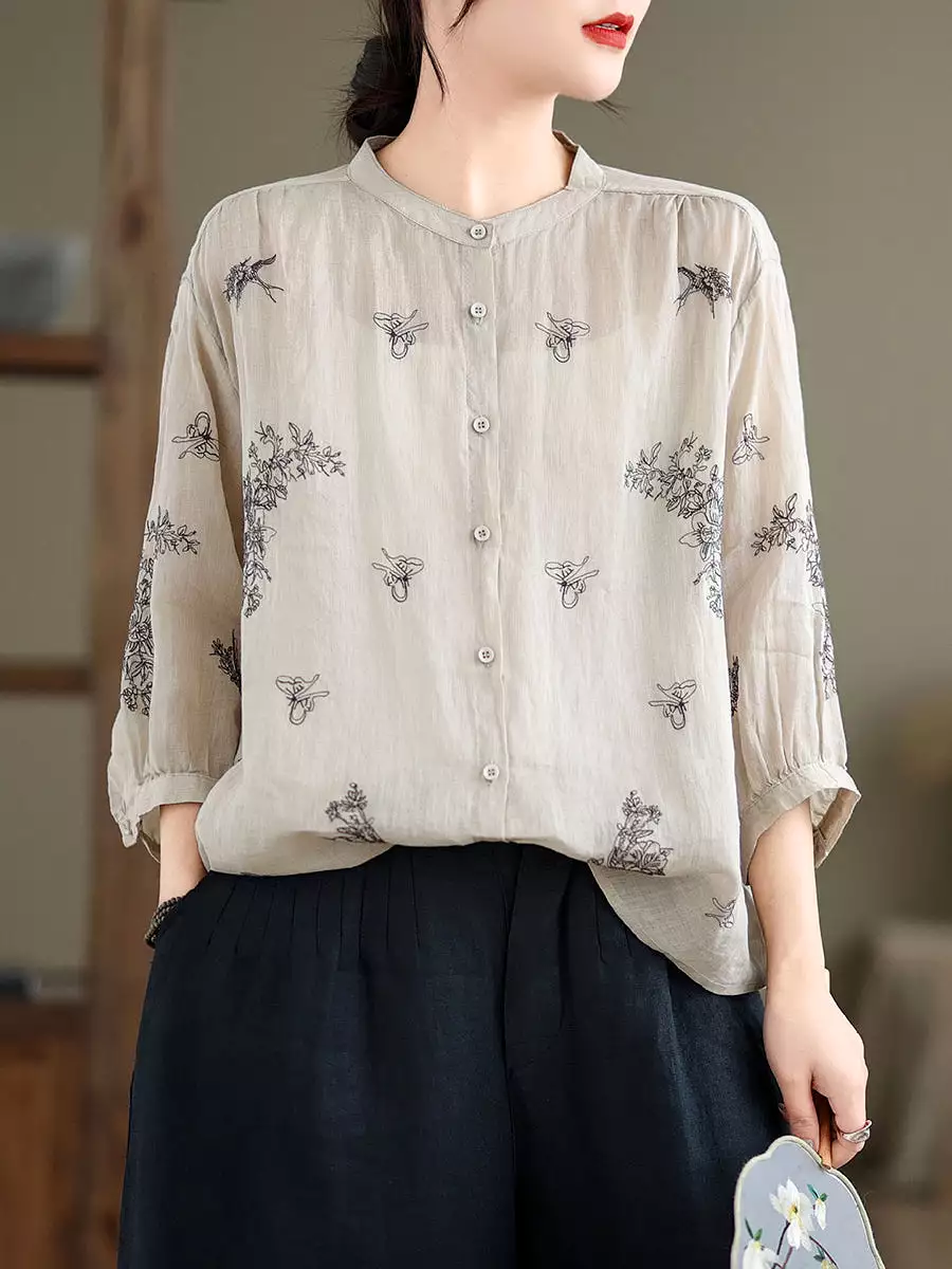 Women Artsy Flower Summer Ramie Blouse KL1018