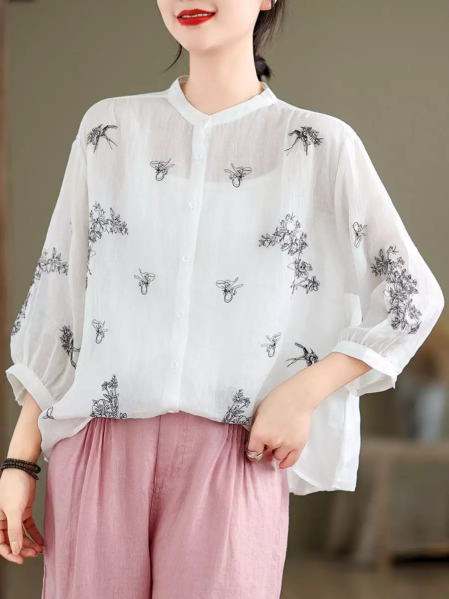 Women Artsy Flower Summer Ramie Blouse KL1018