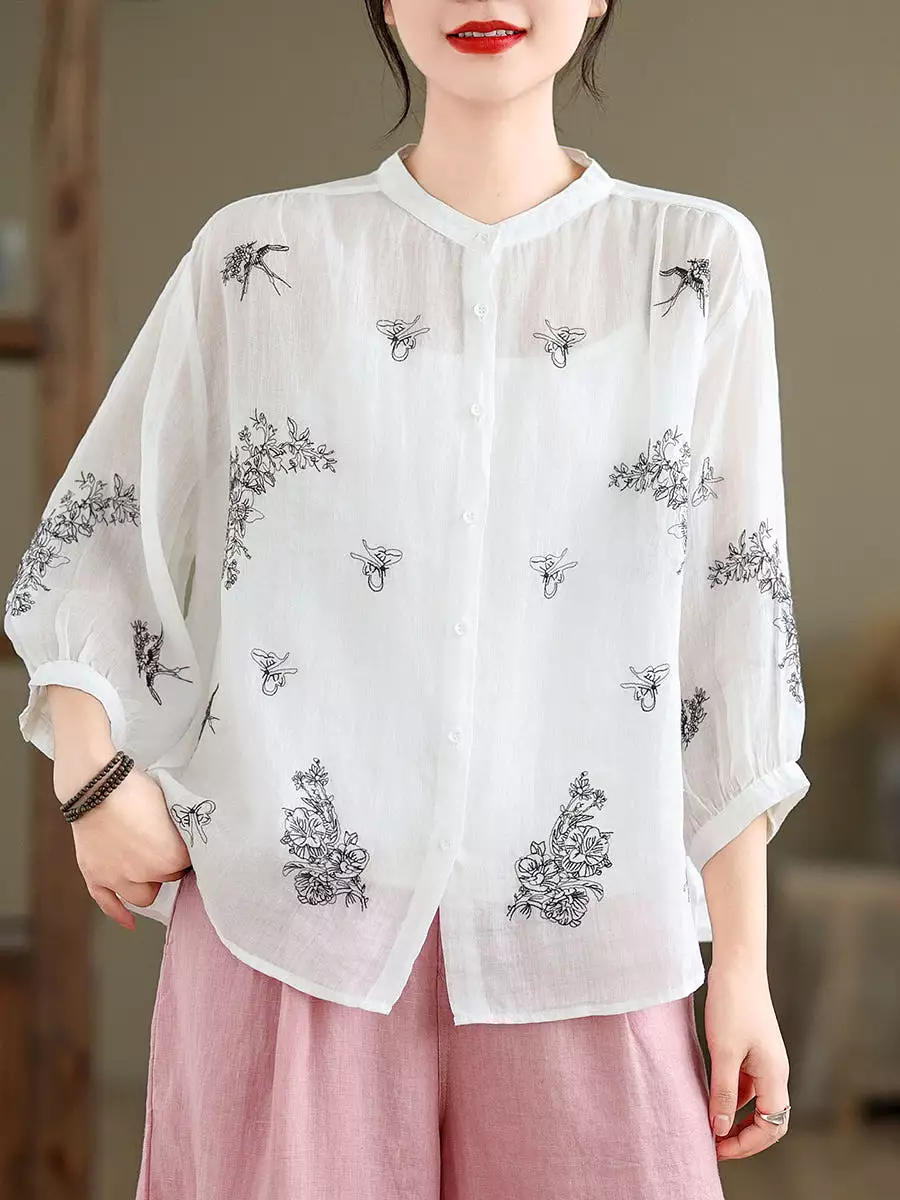 Women Artsy Flower Summer Ramie Blouse KL1018