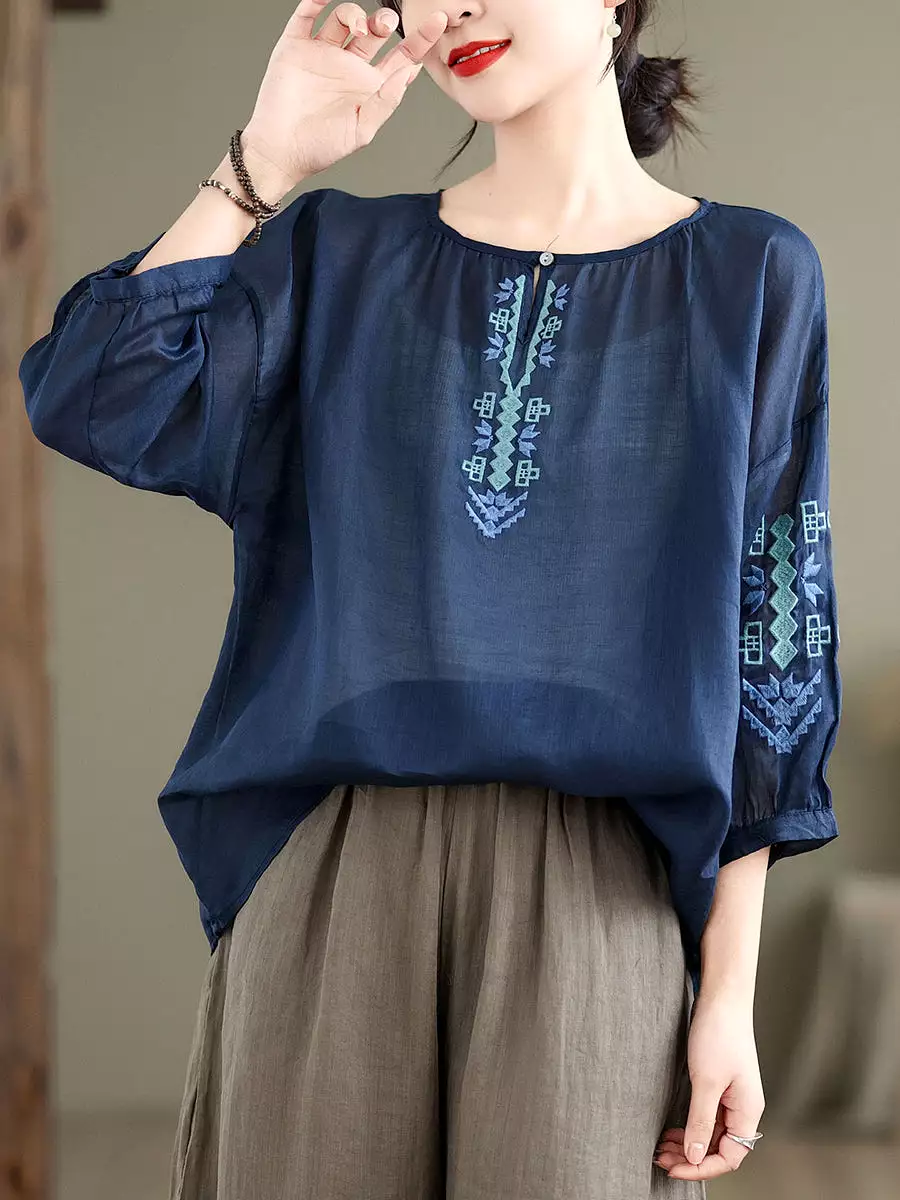 Women Artsy Summer Embroidery O-Neck Ramie Blouse KL1019