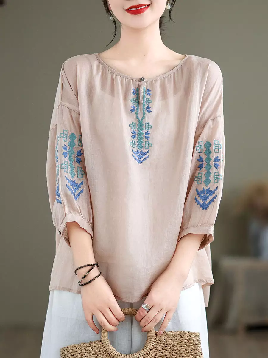 Women Artsy Summer Embroidery O-Neck Ramie Blouse KL1019