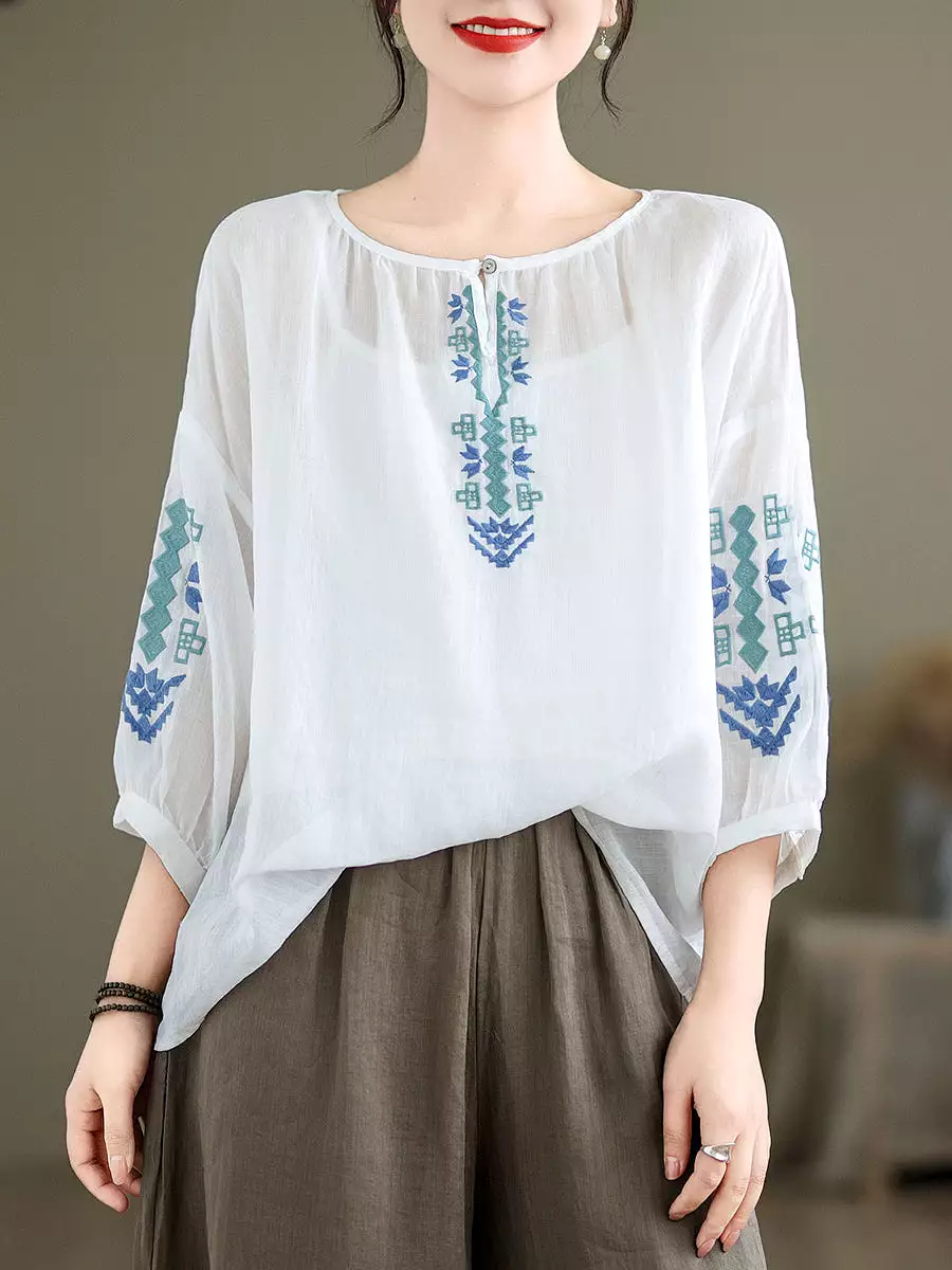 Women Artsy Summer Embroidery O-Neck Ramie Blouse KL1019