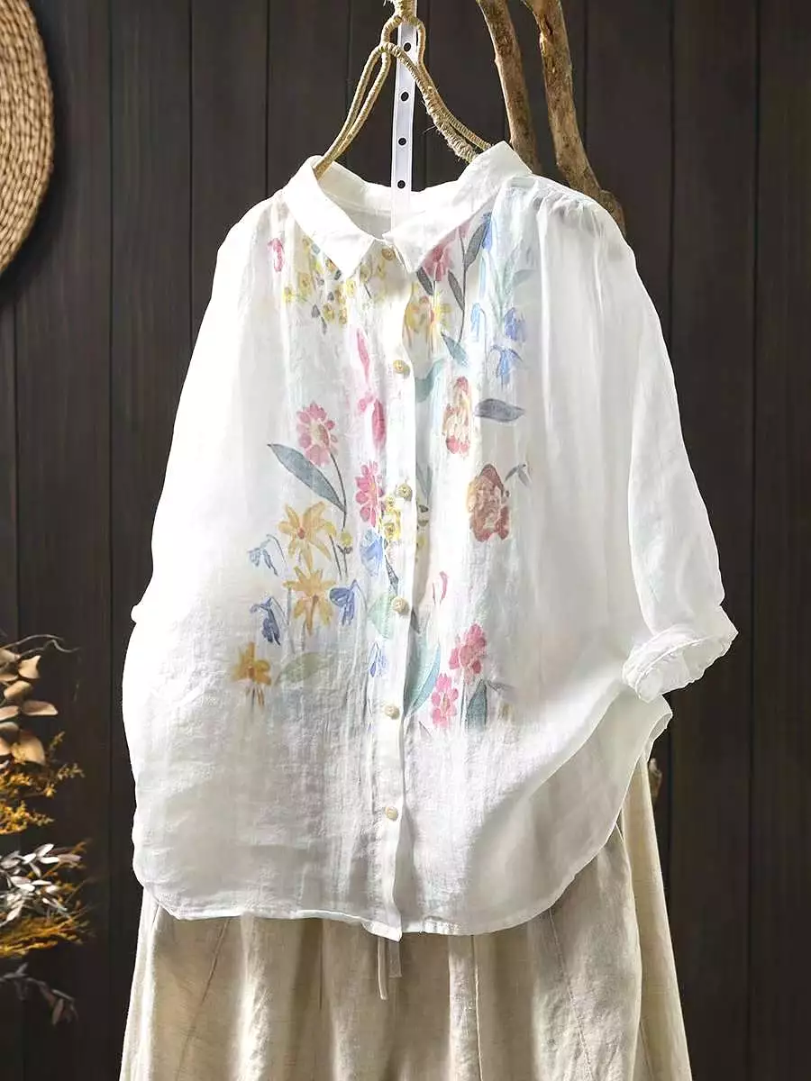 Women Artsy Summer Flower Print Ramie Blouse KL1041