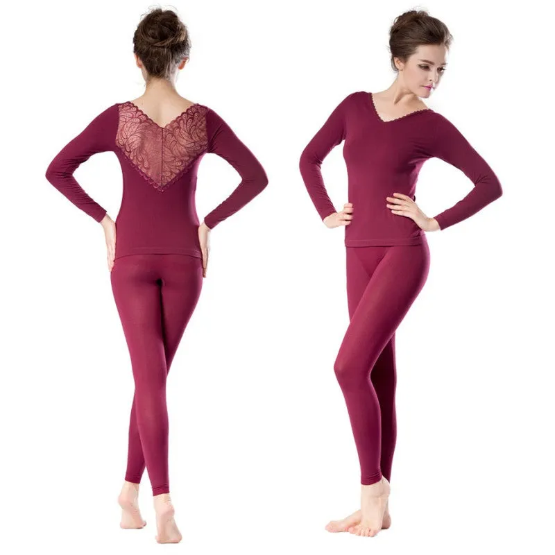 Women Deep V Neck Warm Thermal Underwear Long Johns Set Tops Pant Pajama SetsSM6