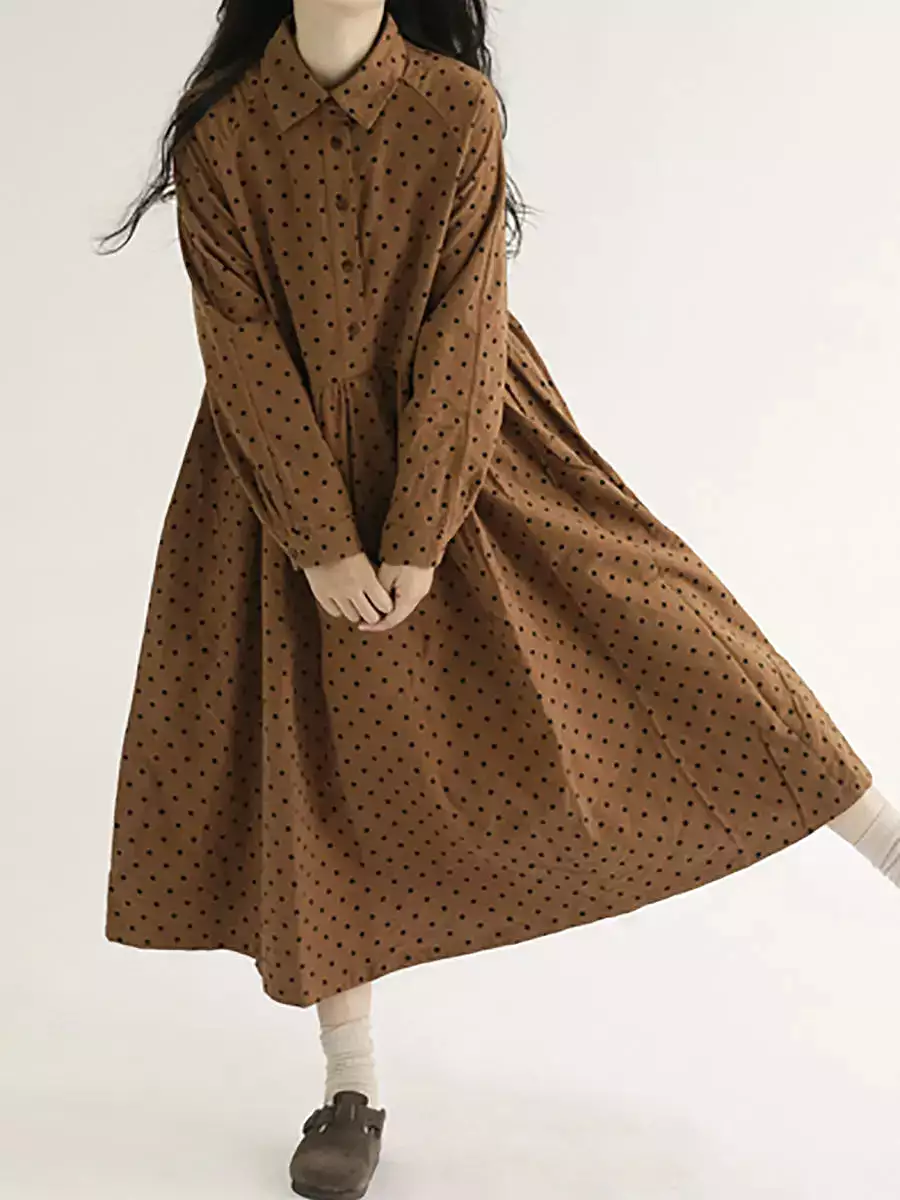 Women Dot Pleat Long Sleeve Dress