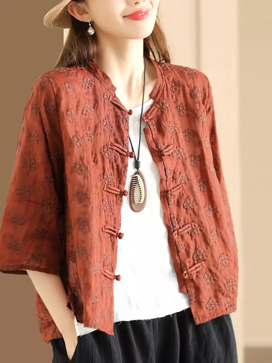 Women Ethnic Flower Jacquard Button-up Ramie Blouse SC1023